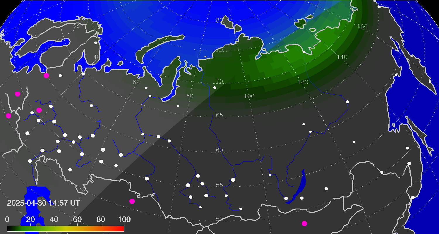 Northern lights (auroras) over Russian Federation