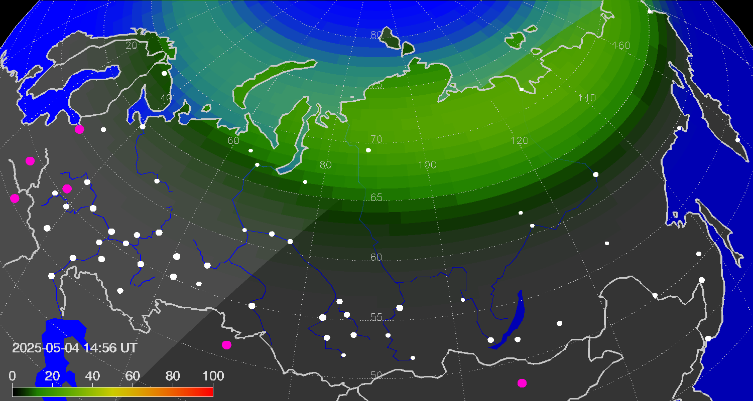 Northern lights (auroras) over Russian Federation