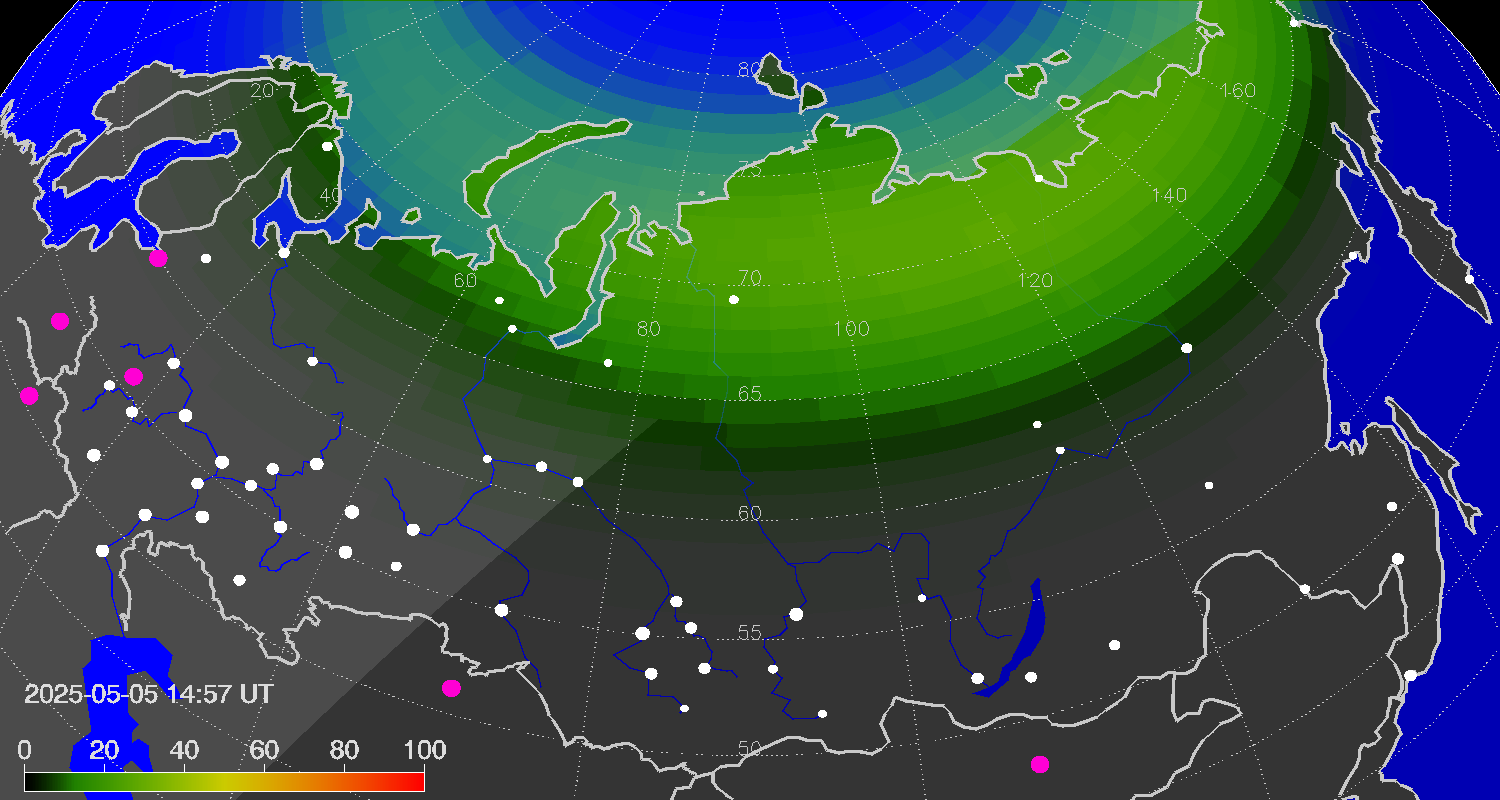 Northern lights (auroras) over Russian Federation