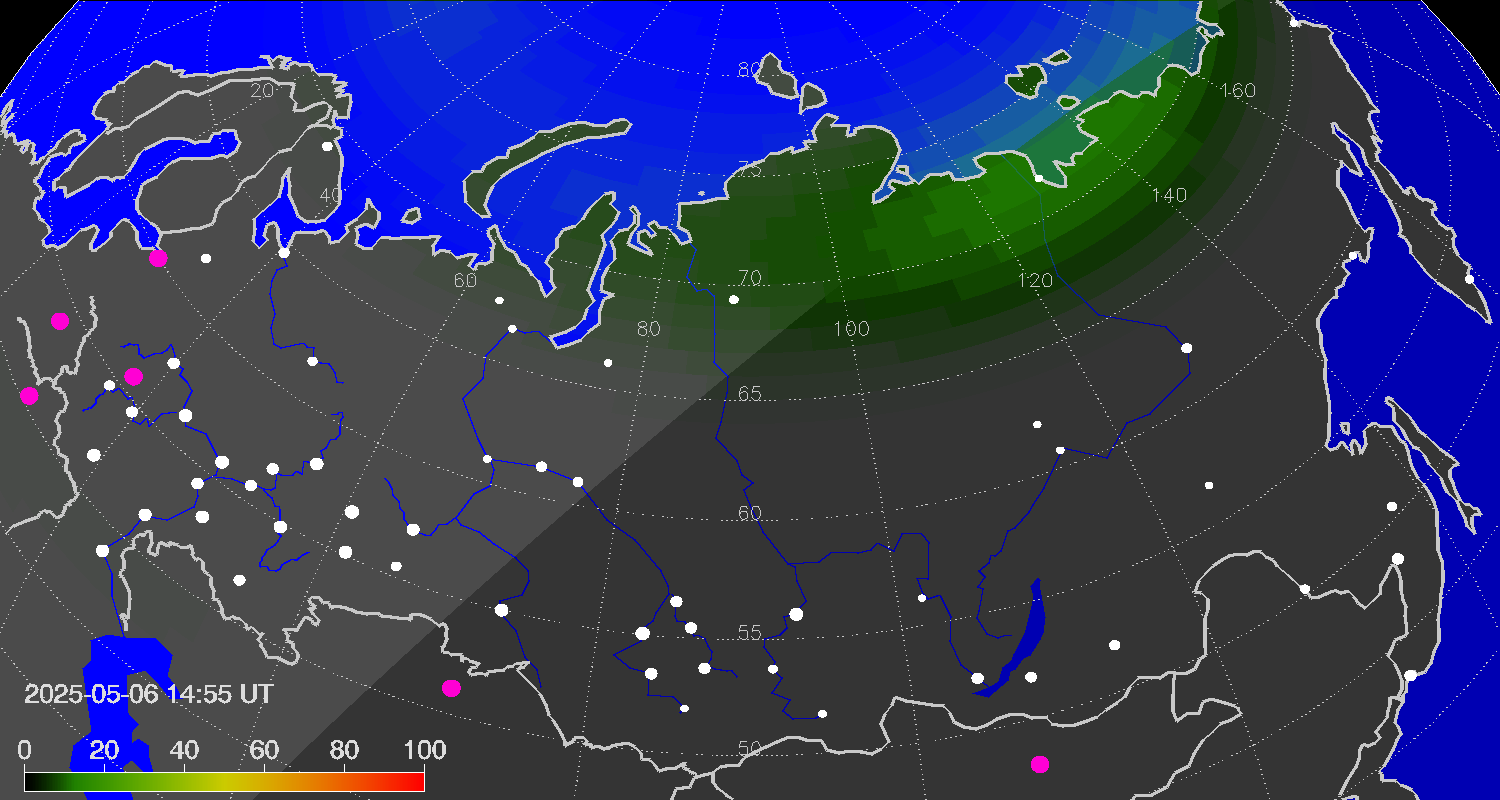 Northern lights (auroras) over Russian Federation