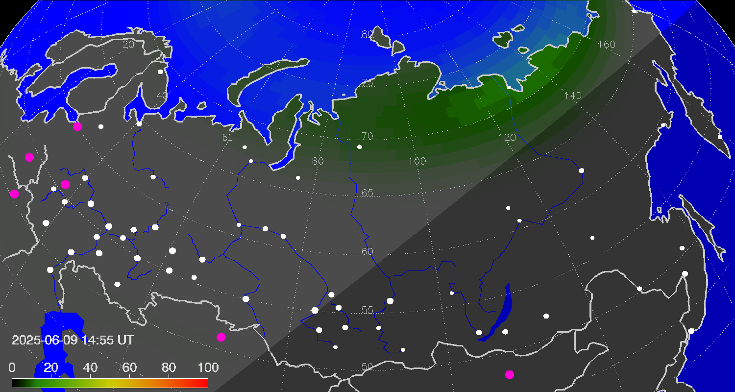 Northern lights (auroras) over Russian Federation