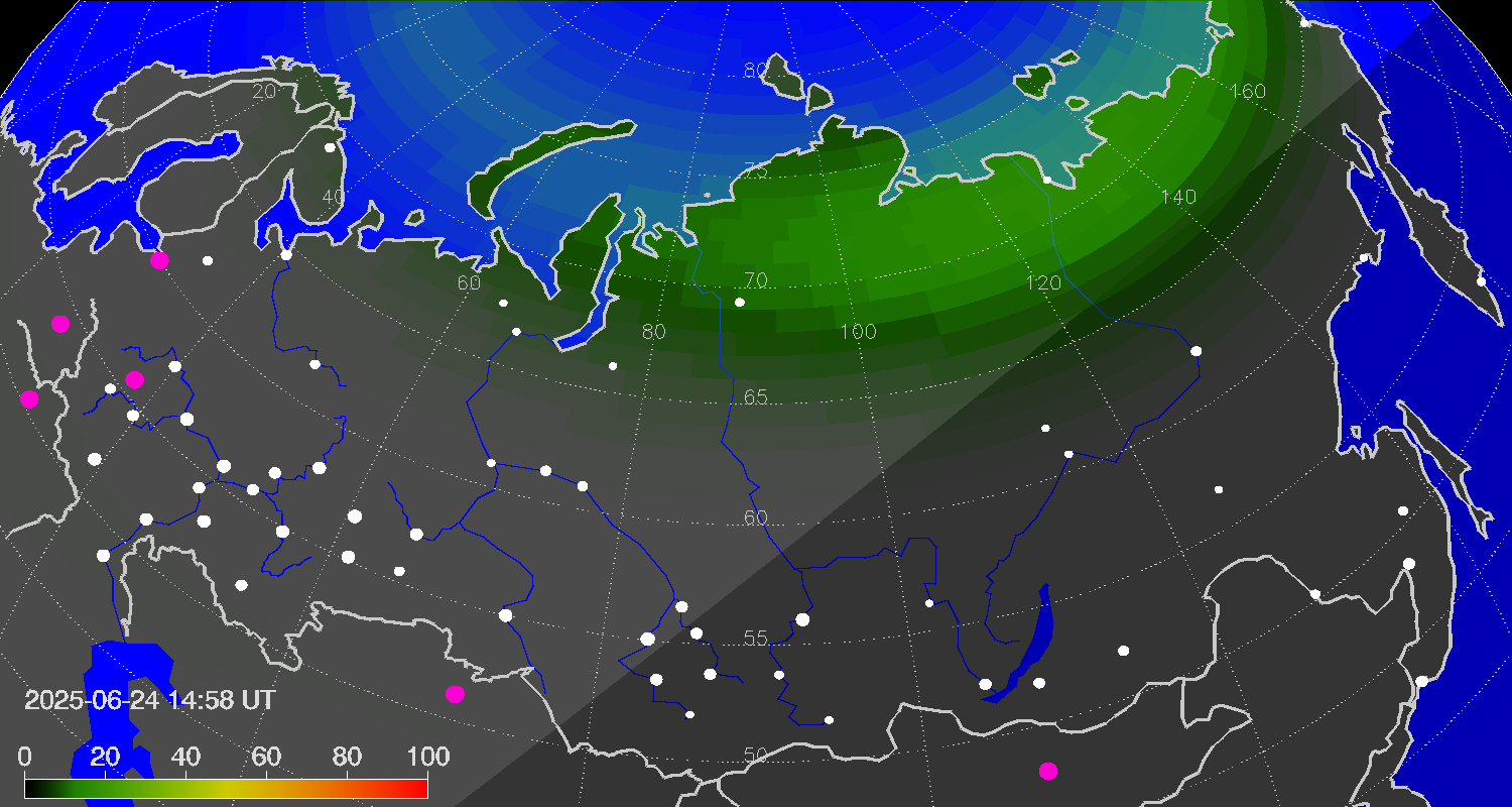 Northern lights (auroras) over Russian Federation