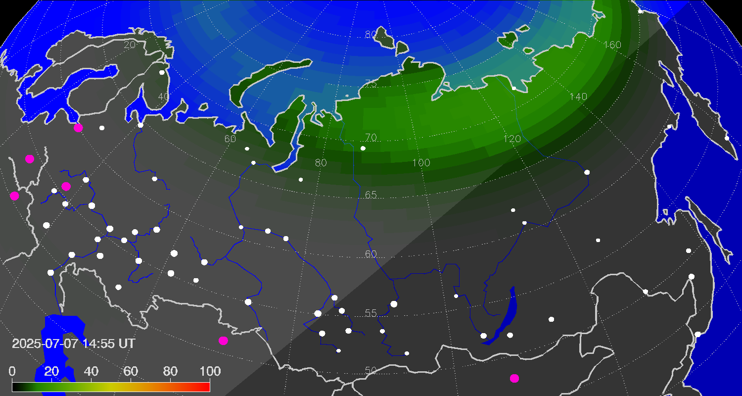 Northern lights (auroras) over Russian Federation