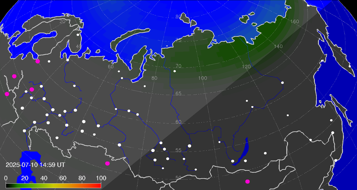 Northern lights (auroras) over Russian Federation