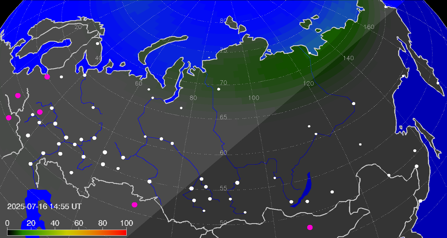 Northern lights (auroras) over Russian Federation