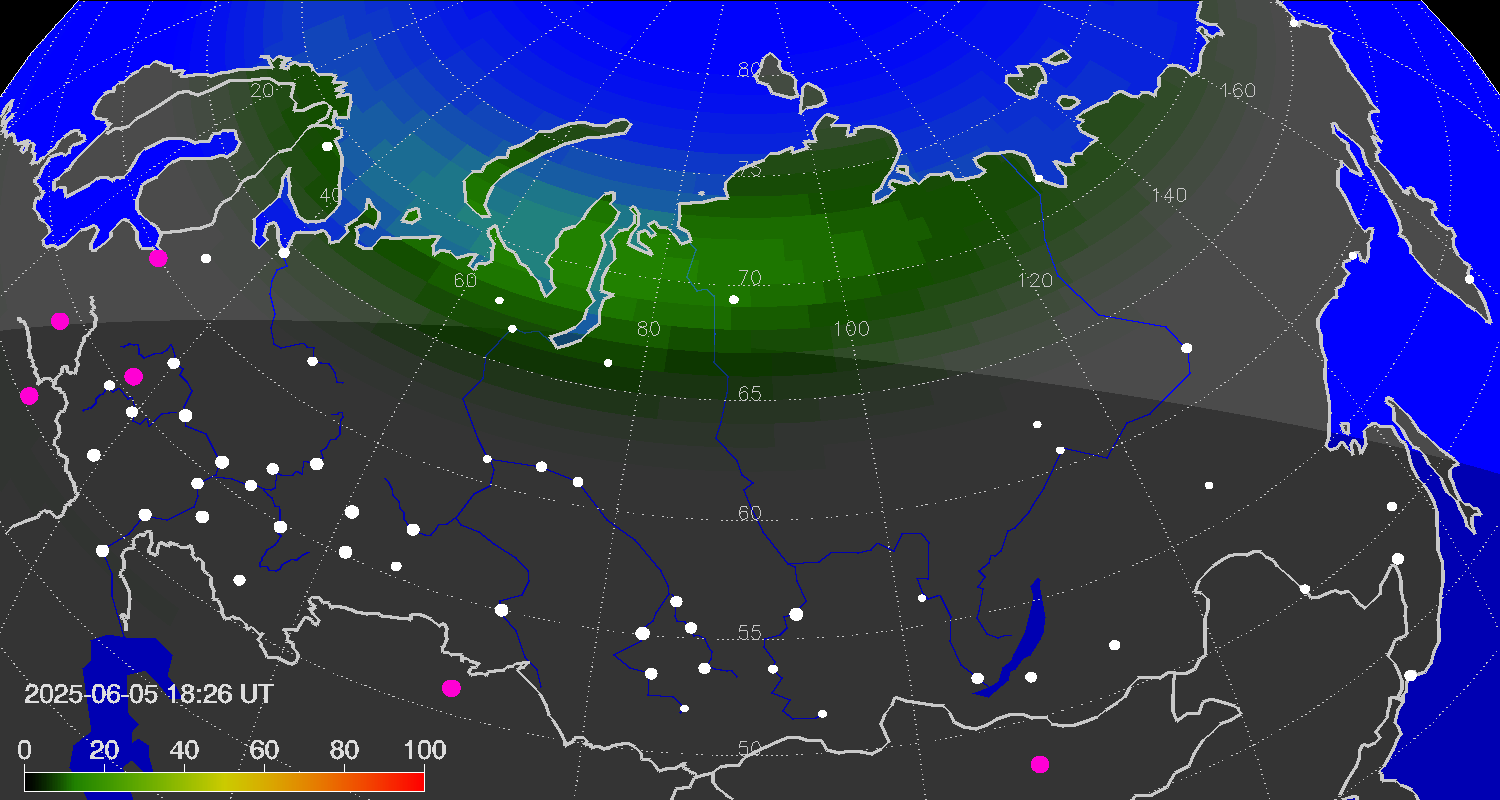 Зона полярных (северных) сияний над территорией Евразии