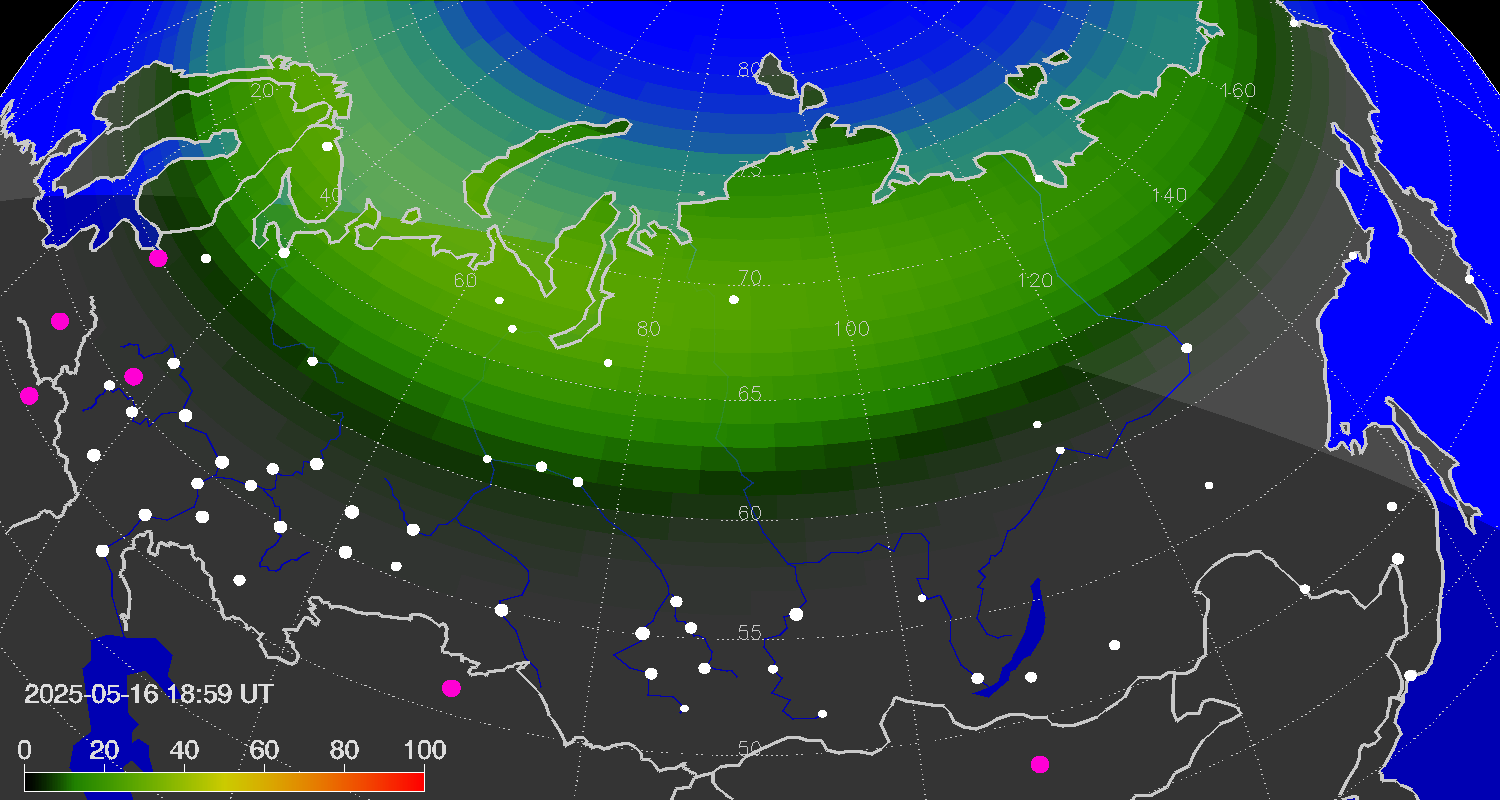 Northern lights (auroras) over Russian Federation