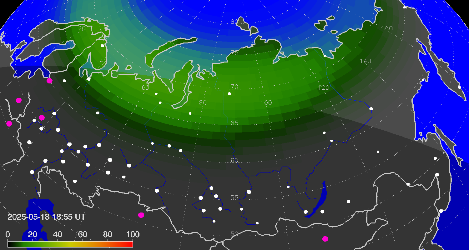 Northern lights (auroras) over Russian Federation