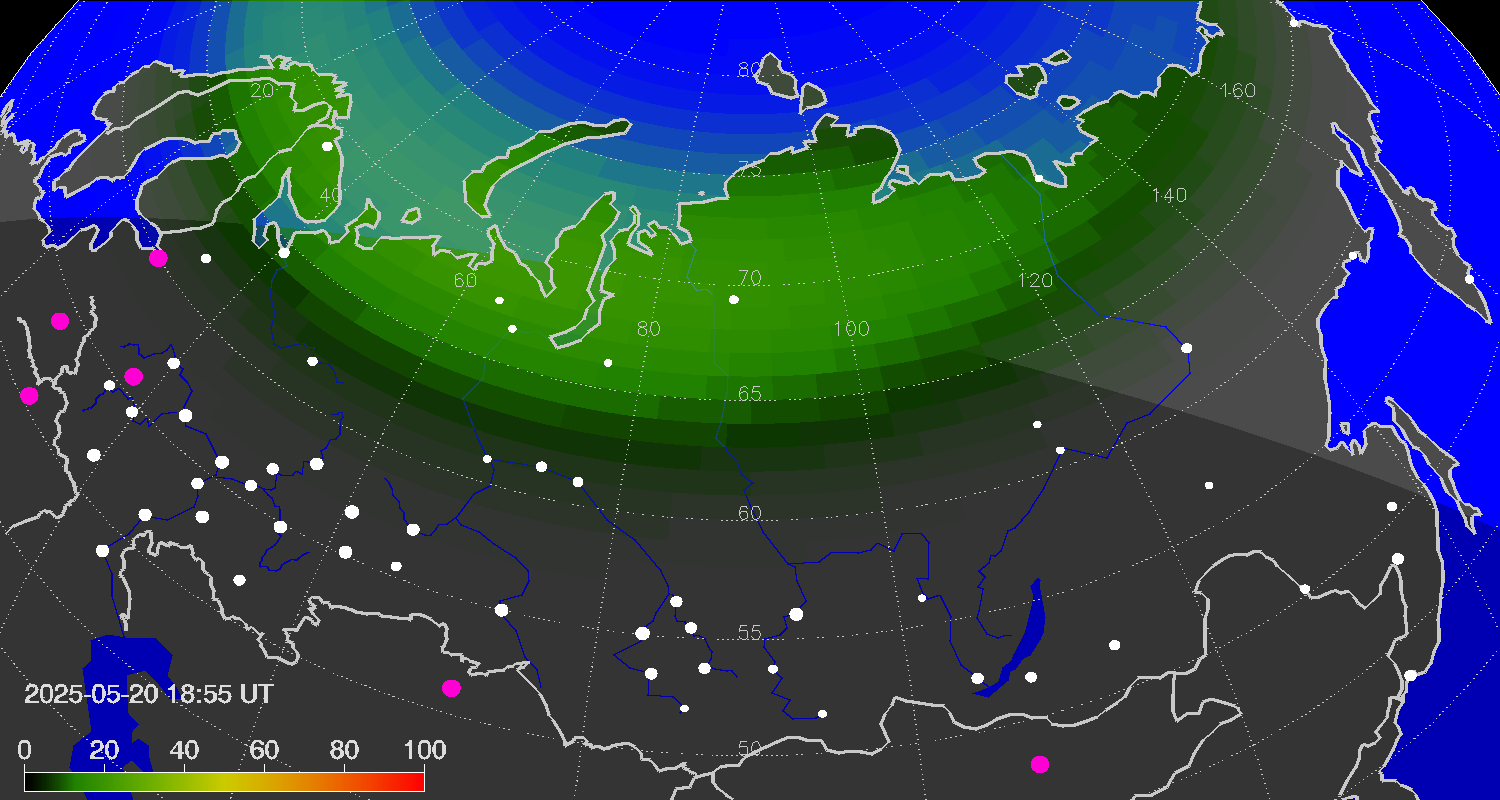 Northern lights (auroras) over Russian Federation