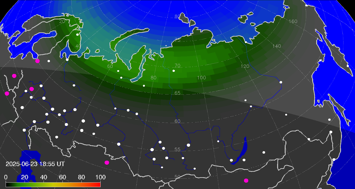 Northern lights (auroras) over Russian Federation
