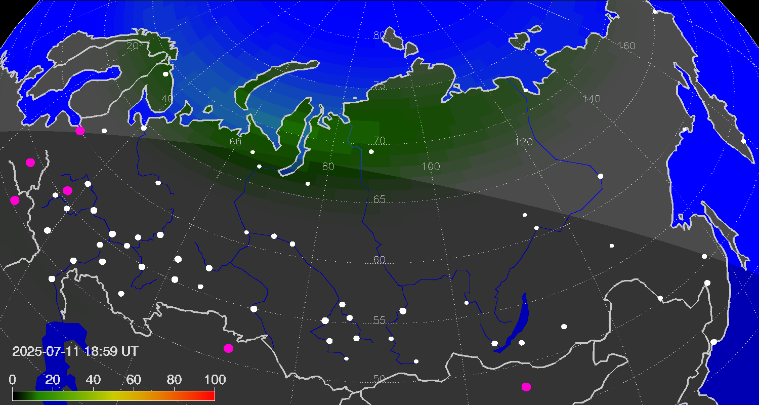 Northern lights (auroras) over Russian Federation
