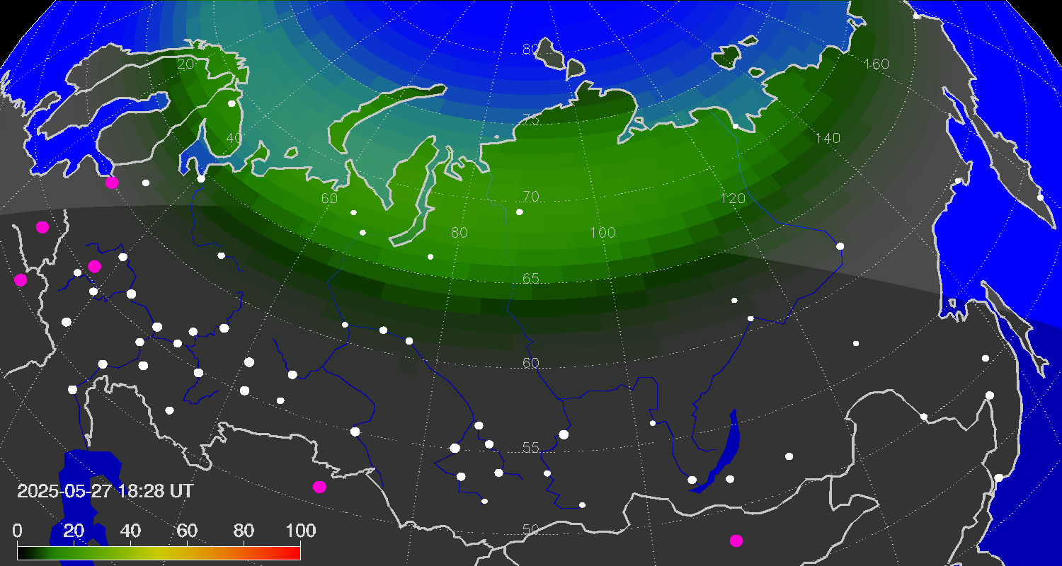 Northern lights (auroras) over the territory of Eurasia