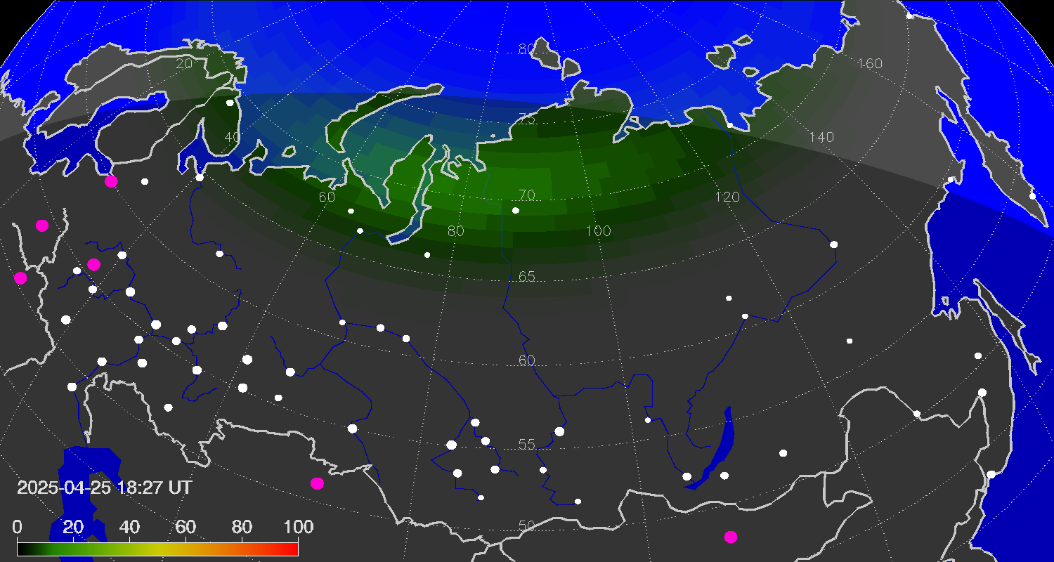 Зона полярных (северных) сияний над территорией Евразии