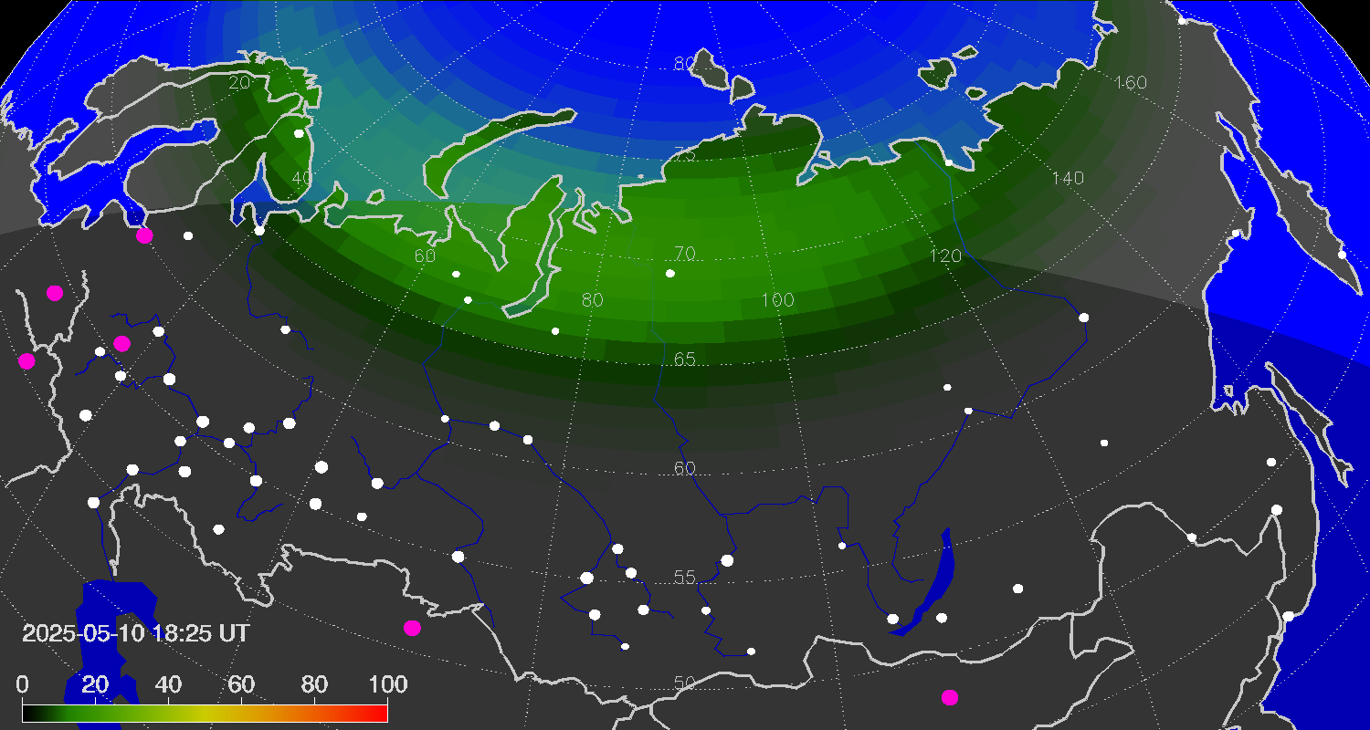 Northern lights (auroras) over the territory of Eurasia