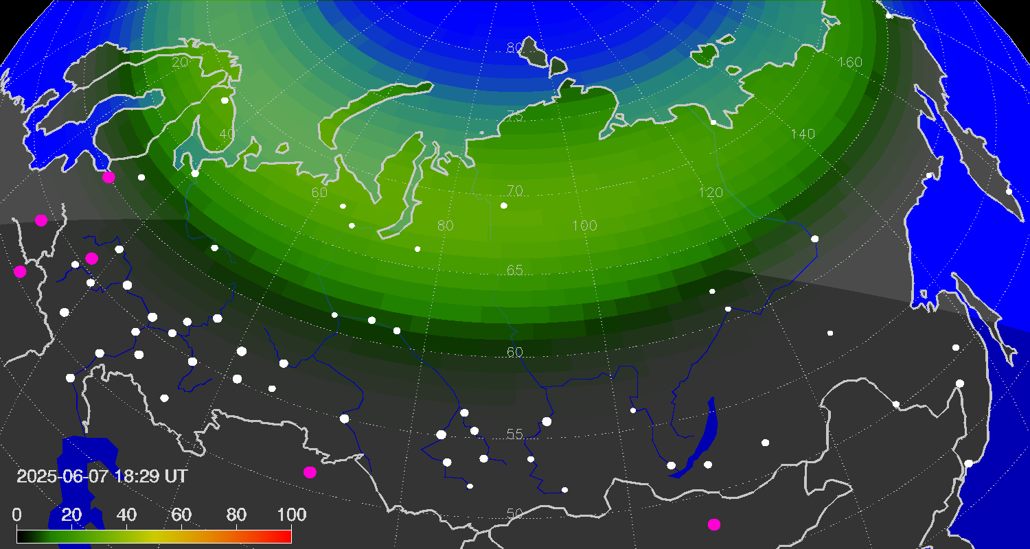 Northern lights (auroras) over the territory of Eurasia