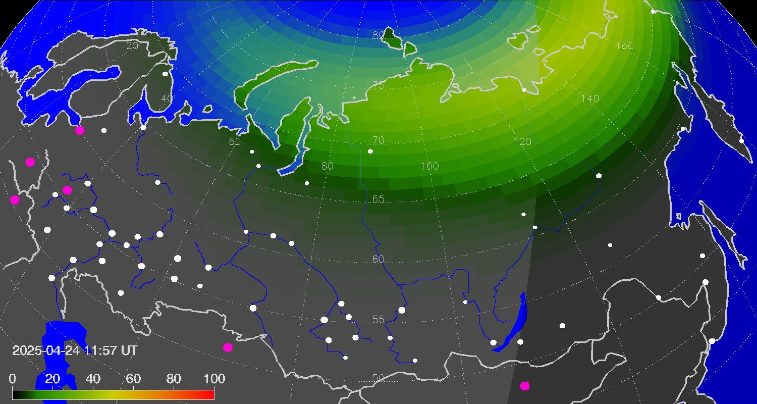 Northern lights (auroras) over Russian Federation