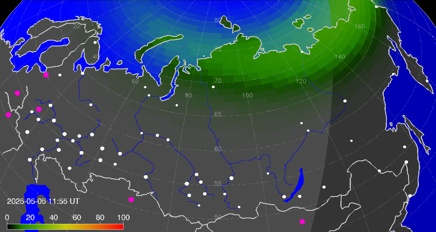 Northern lights (auroras) over Russian Federation