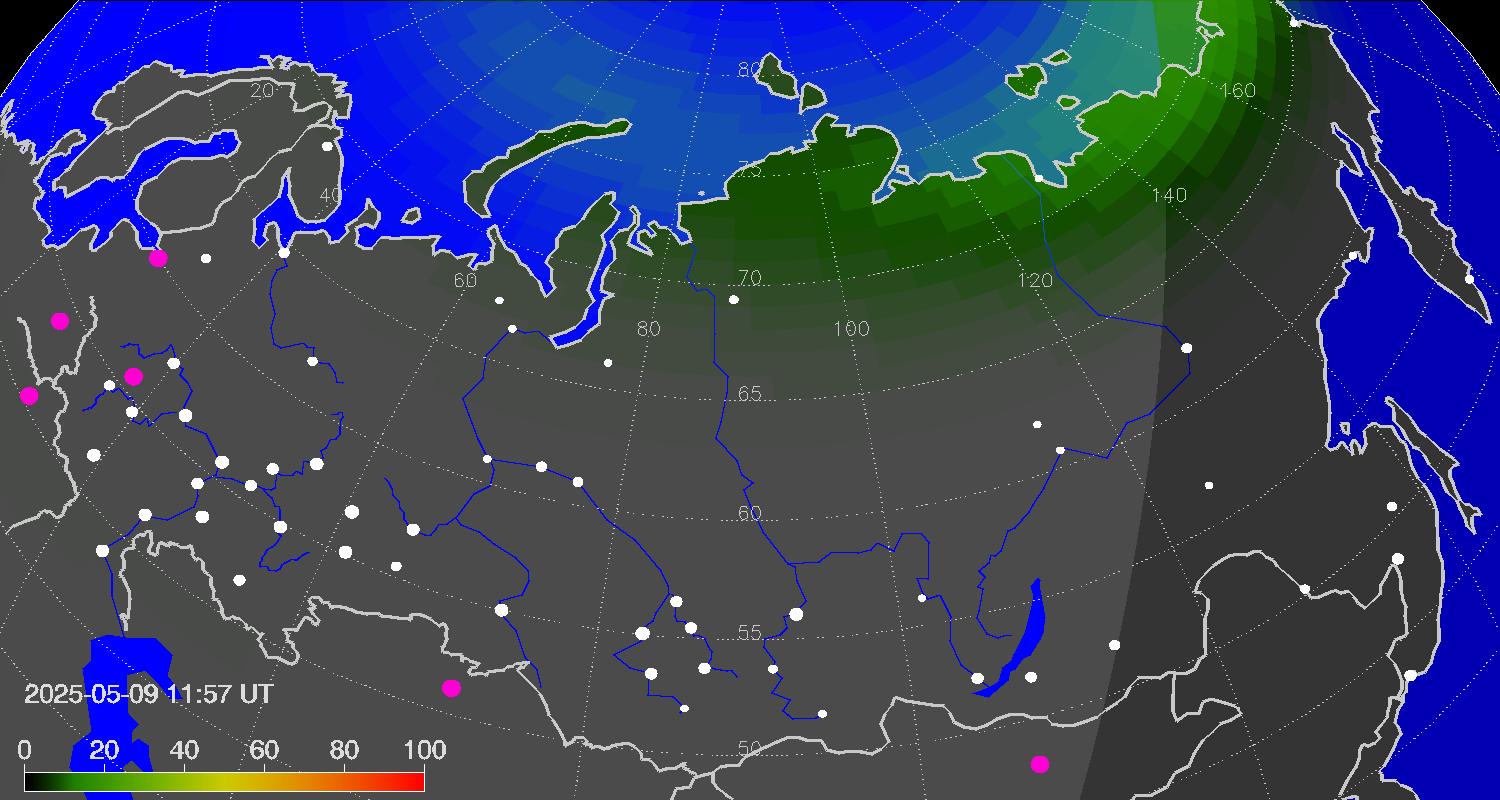 Northern lights (auroras) over Russian Federation