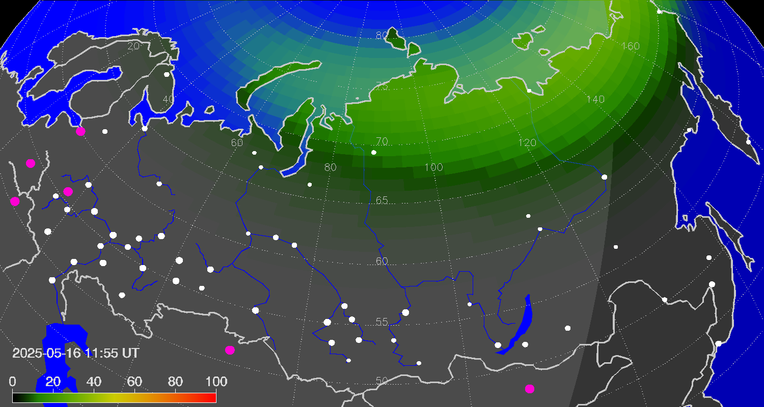 Northern lights (auroras) over Russian Federation