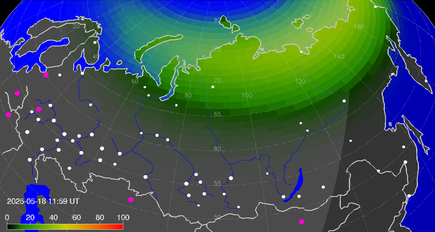 Northern lights (auroras) over Russian Federation
