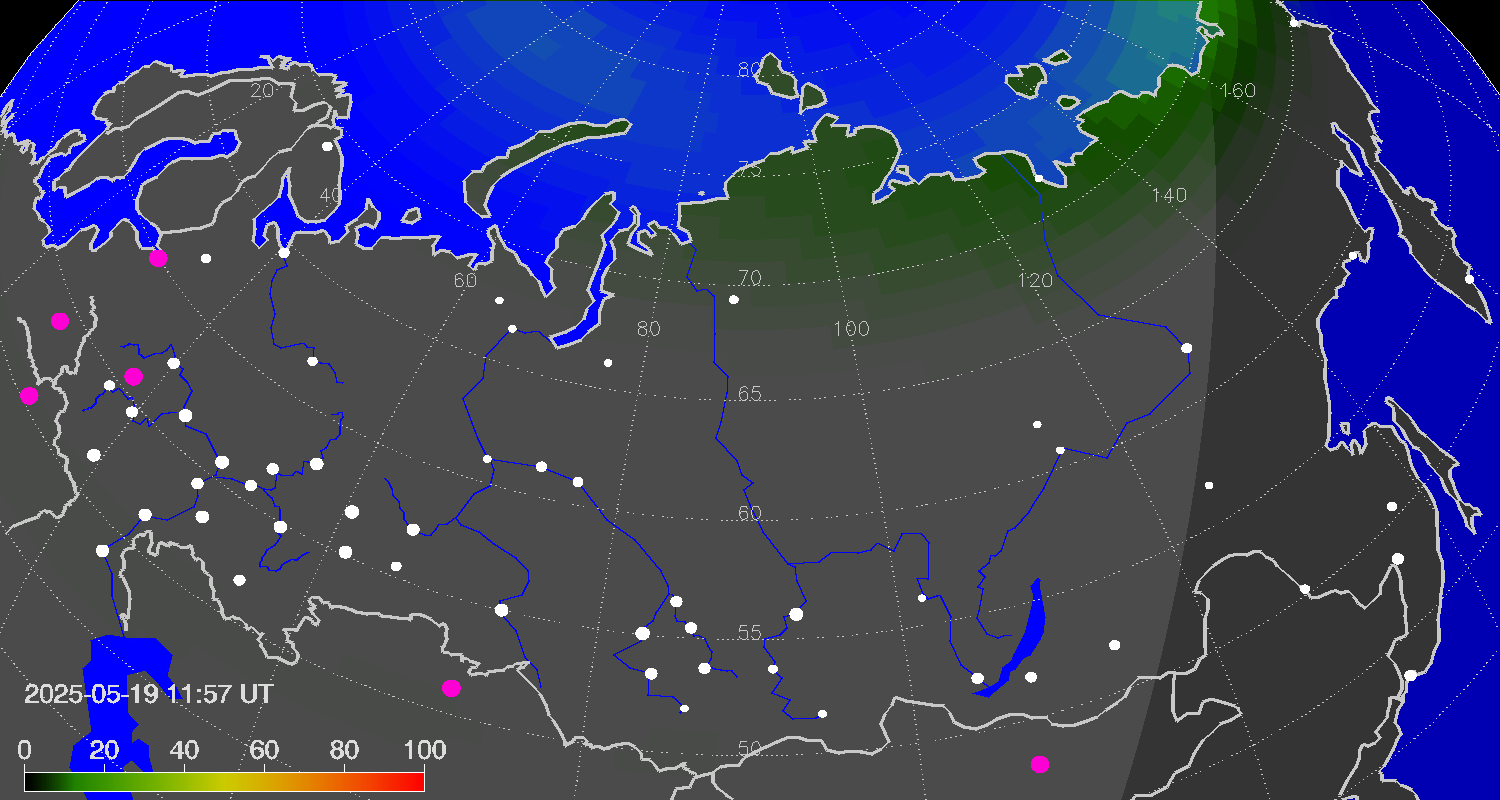 Northern lights (auroras) over Russian Federation