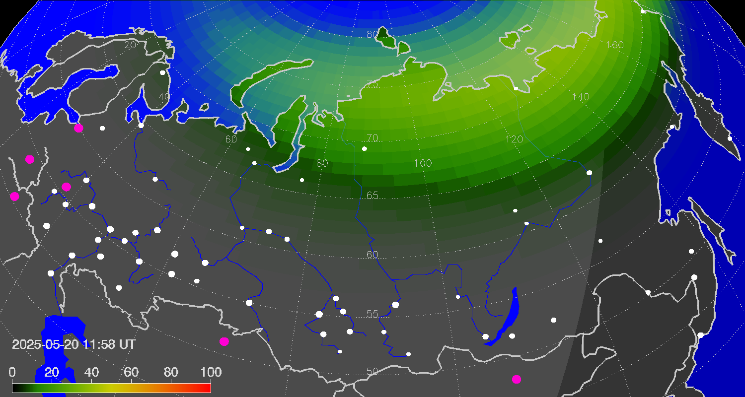 Northern lights (auroras) over Russian Federation