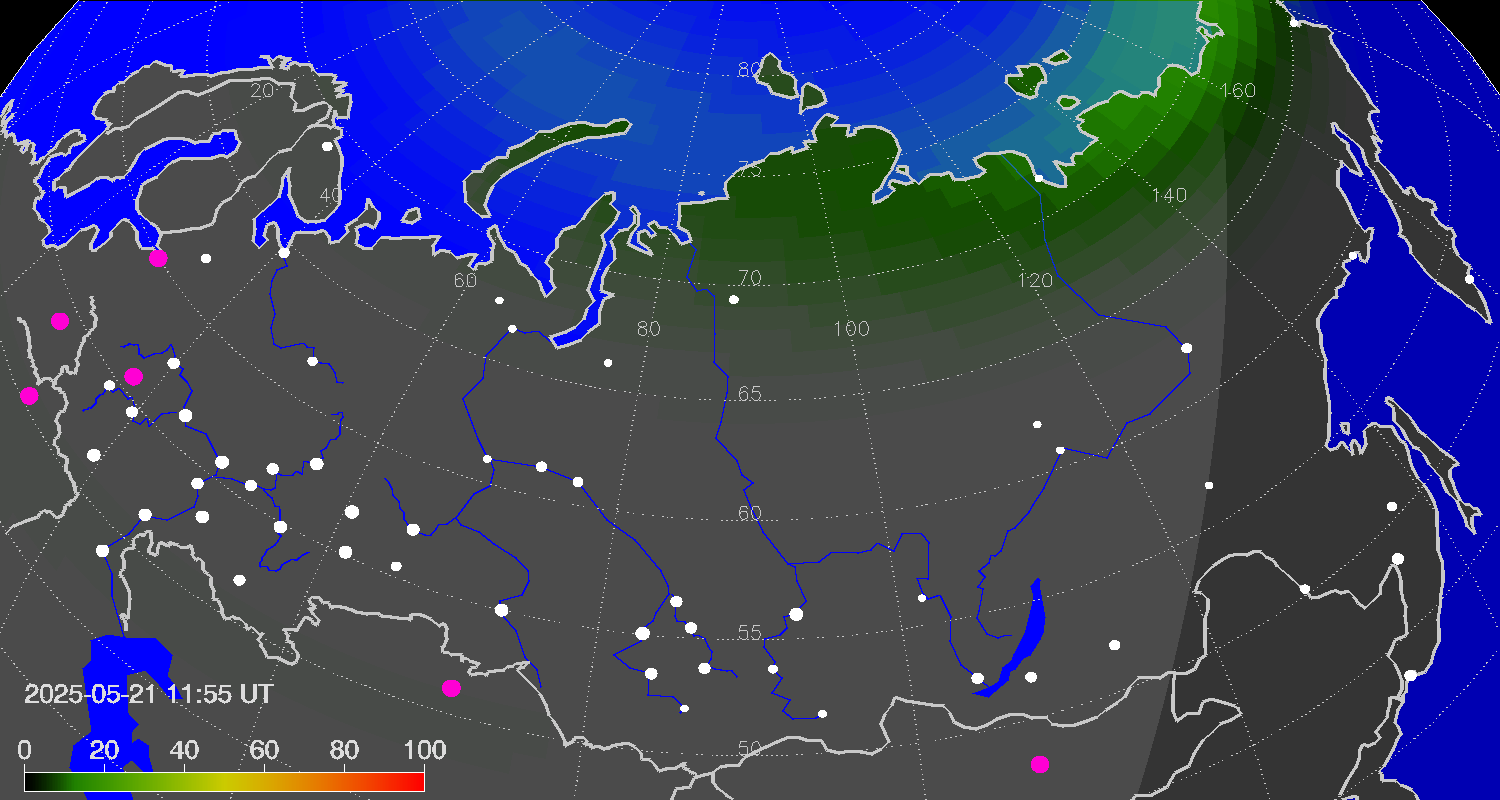 Northern lights (auroras) over Russian Federation