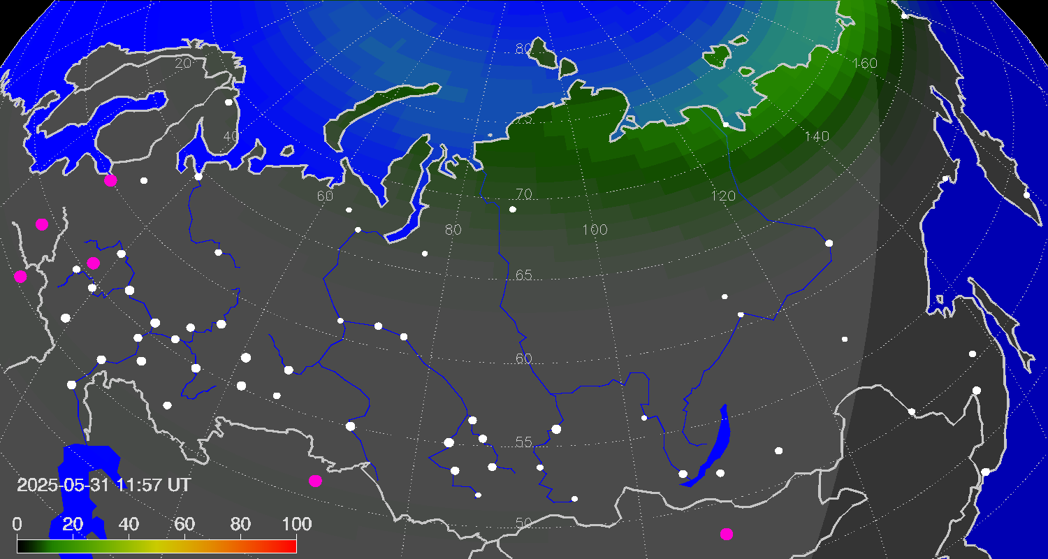 Northern lights (auroras) over Russian Federation