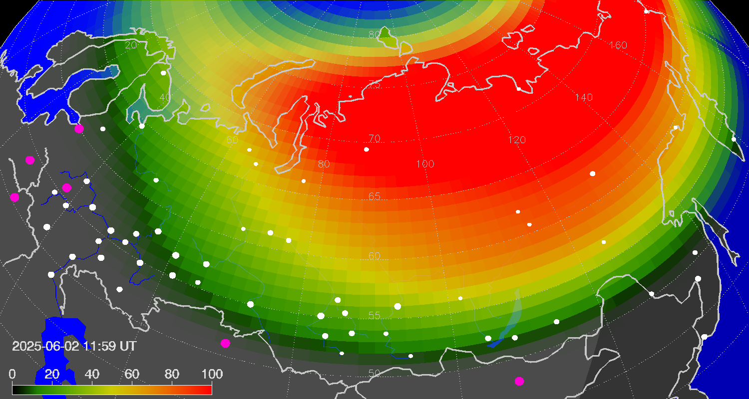 Northern lights (auroras) over Russian Federation