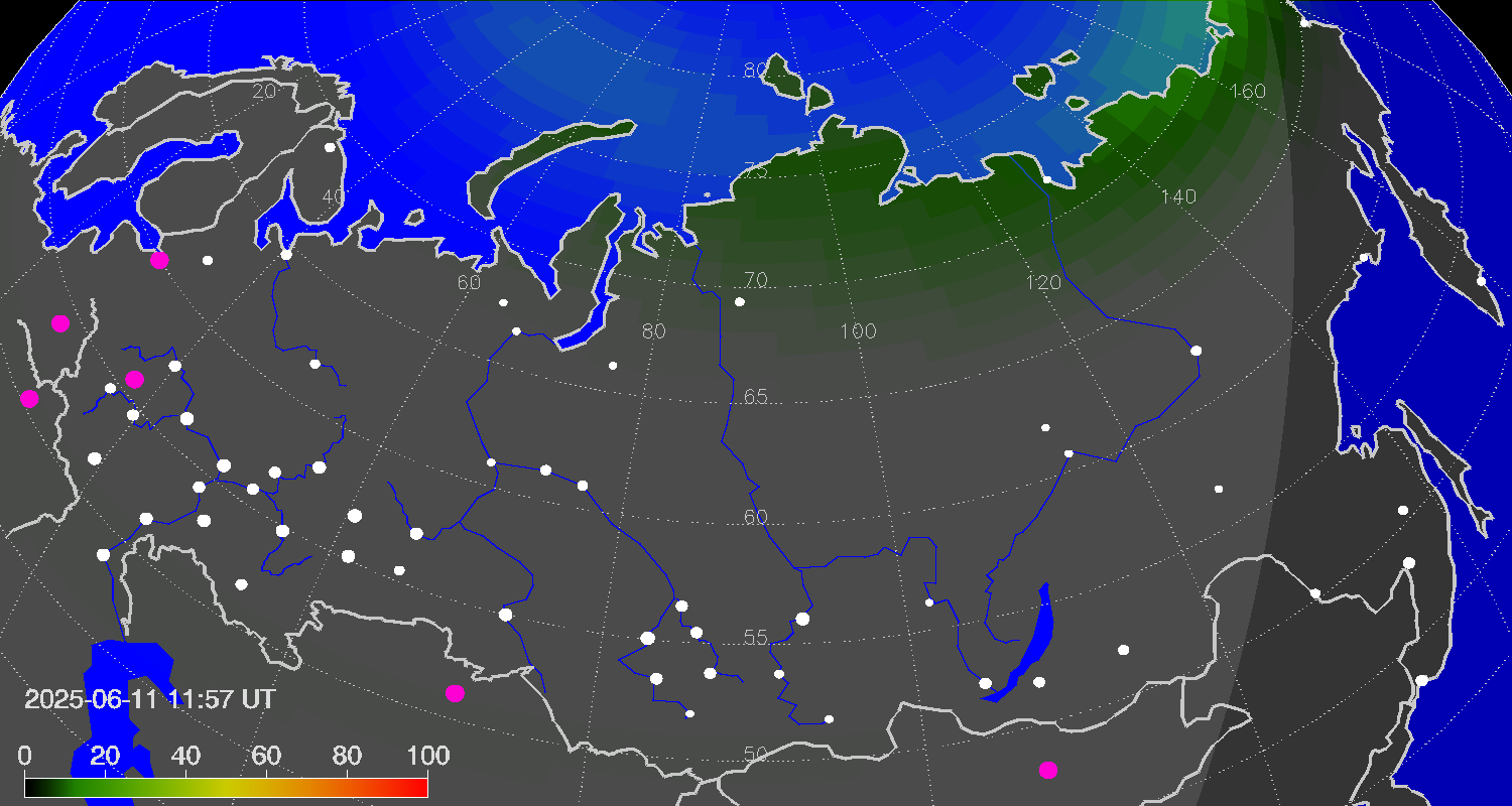 Northern lights (auroras) over Russian Federation