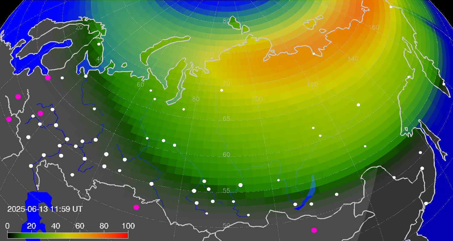 Northern lights (auroras) over Russian Federation