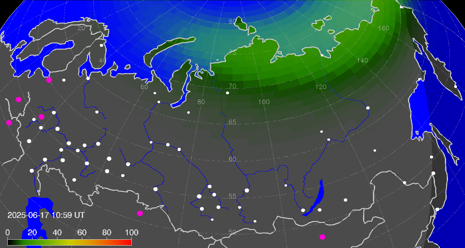 Northern lights (auroras) over Russian Federation