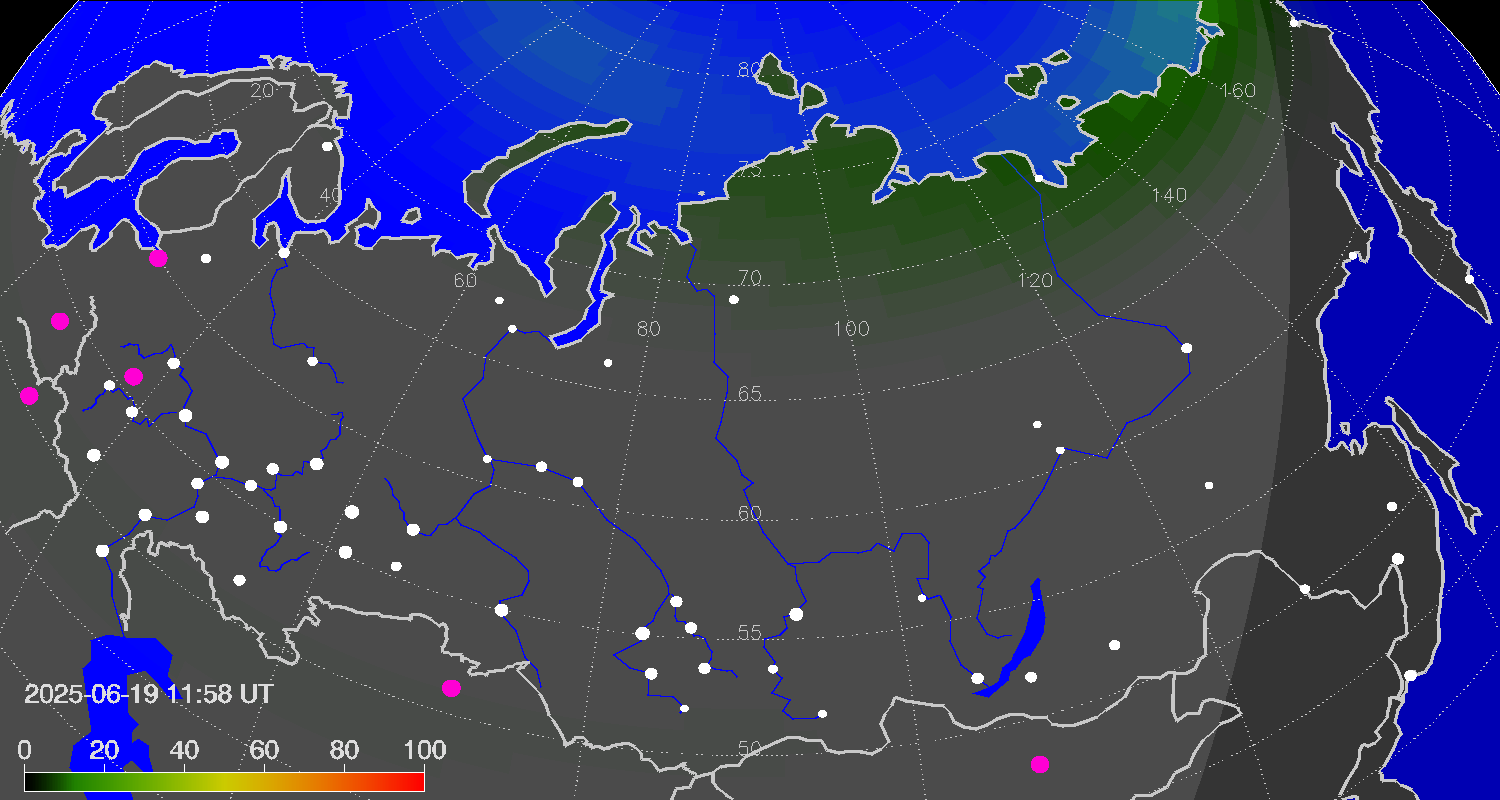 Northern lights (auroras) over Russian Federation