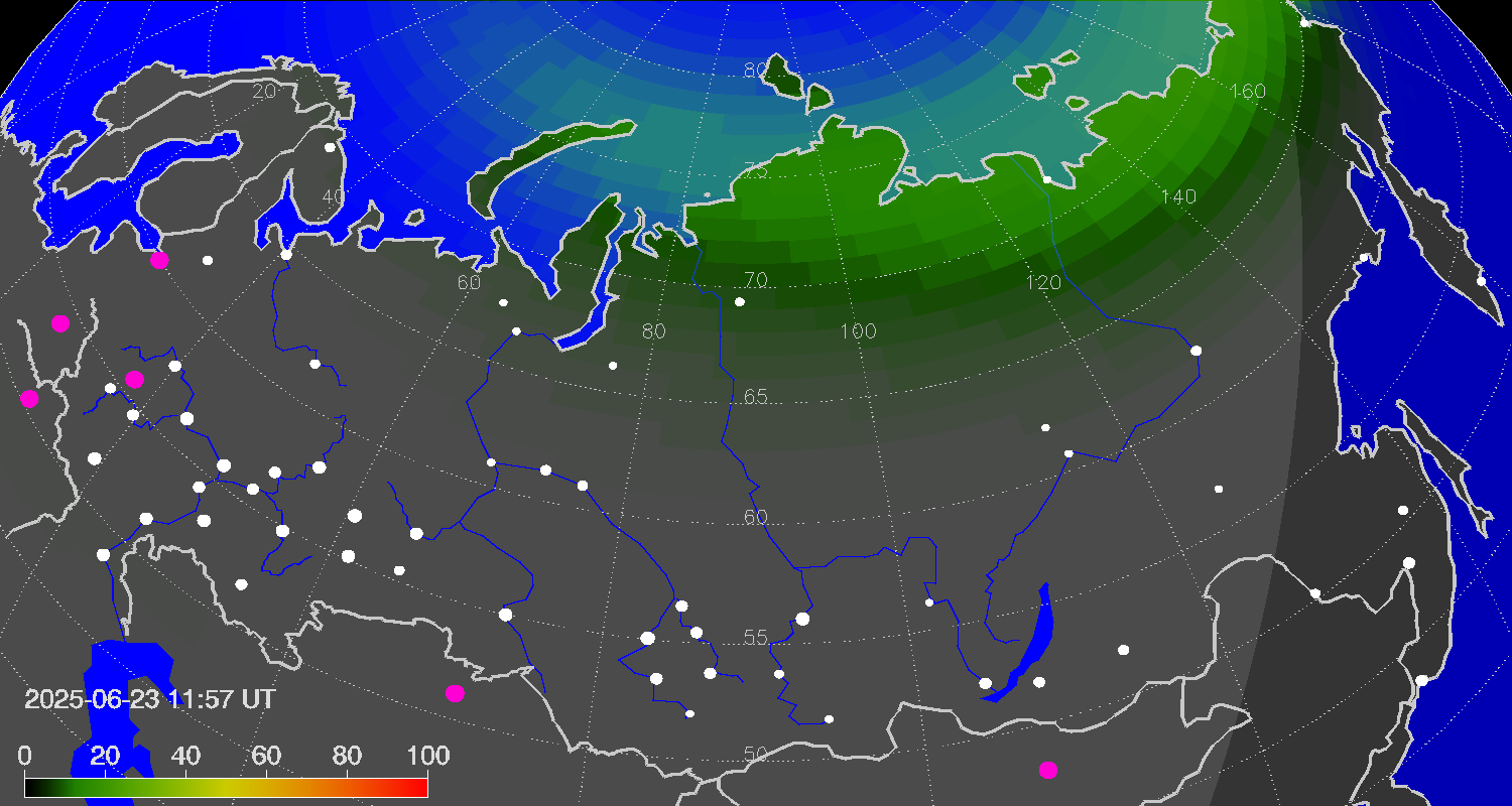Northern lights (auroras) over Russian Federation