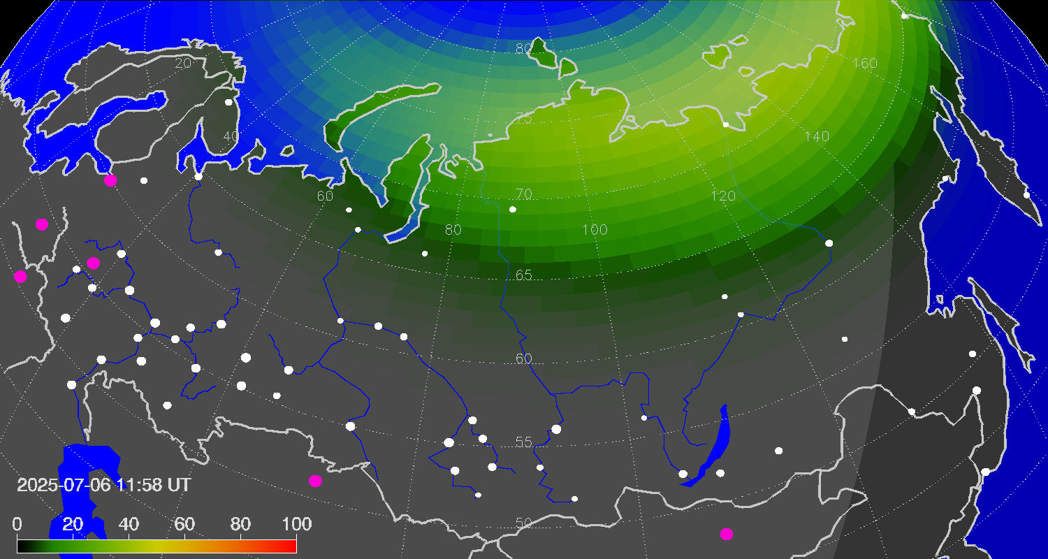 Northern lights (auroras) over Russian Federation