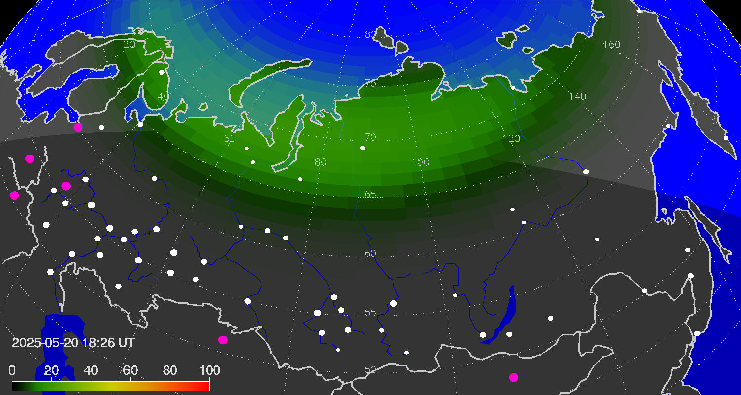 Northern lights (auroras) over the territory of Eurasia