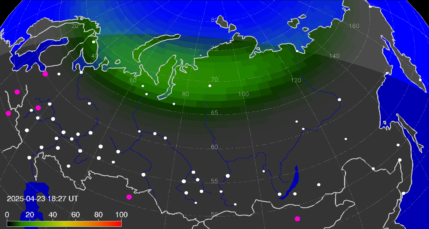 Northern lights (auroras) over the territory of Eurasia