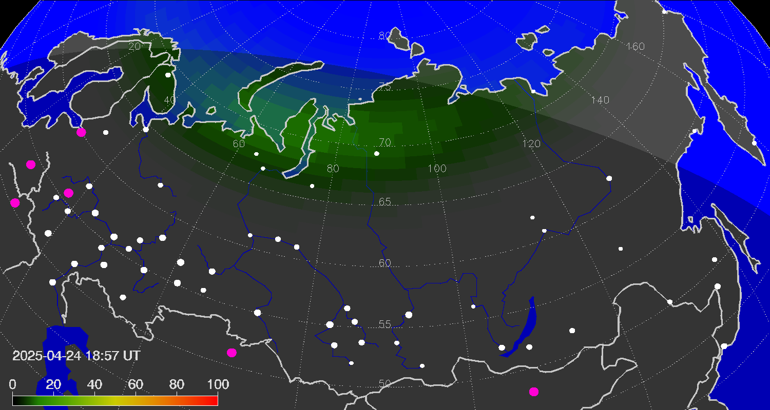 Northern lights (auroras) over Russian Federation