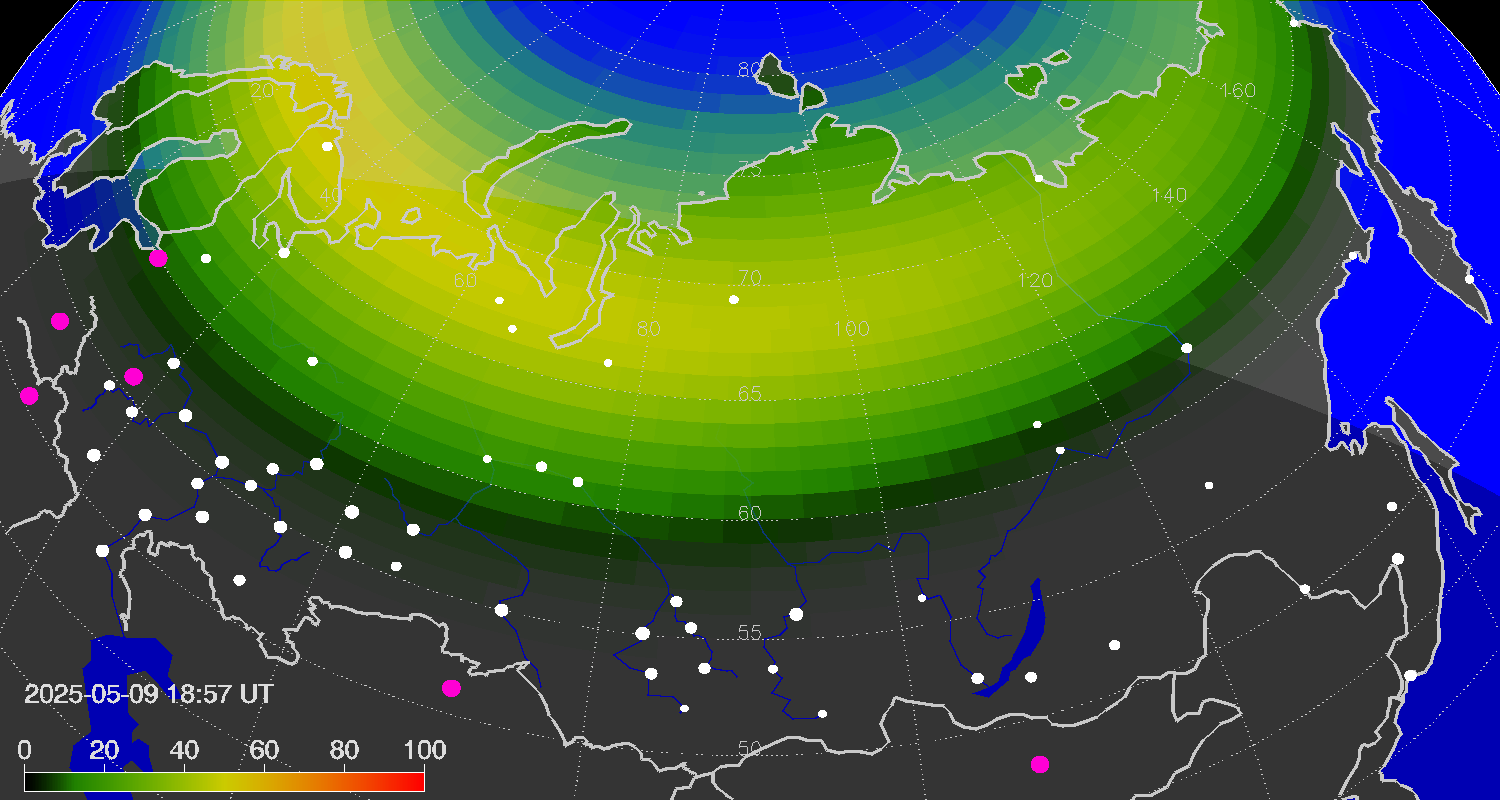 Northern lights (auroras) over Russian Federation