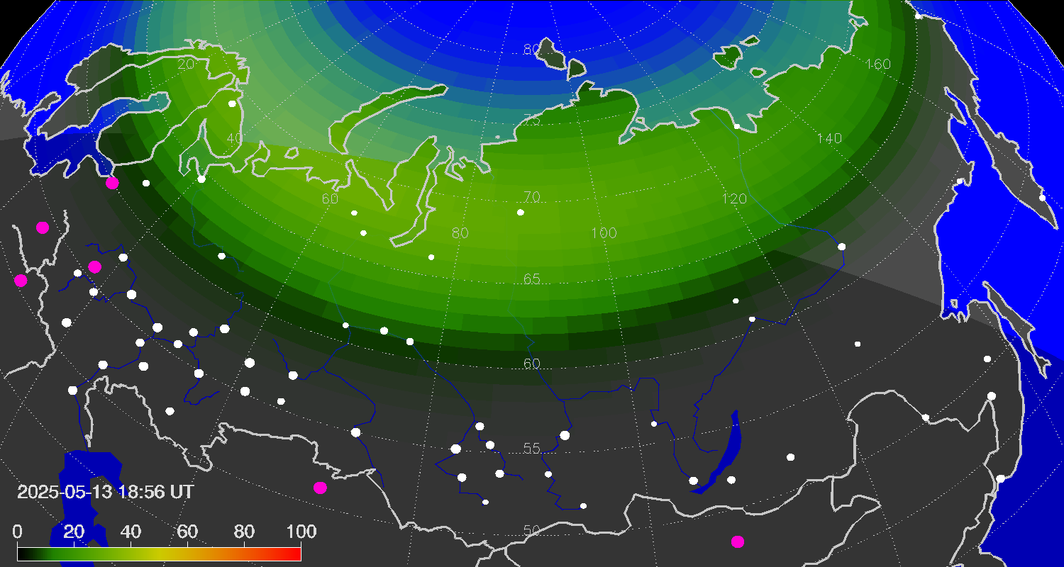Northern lights (auroras) over Russian Federation