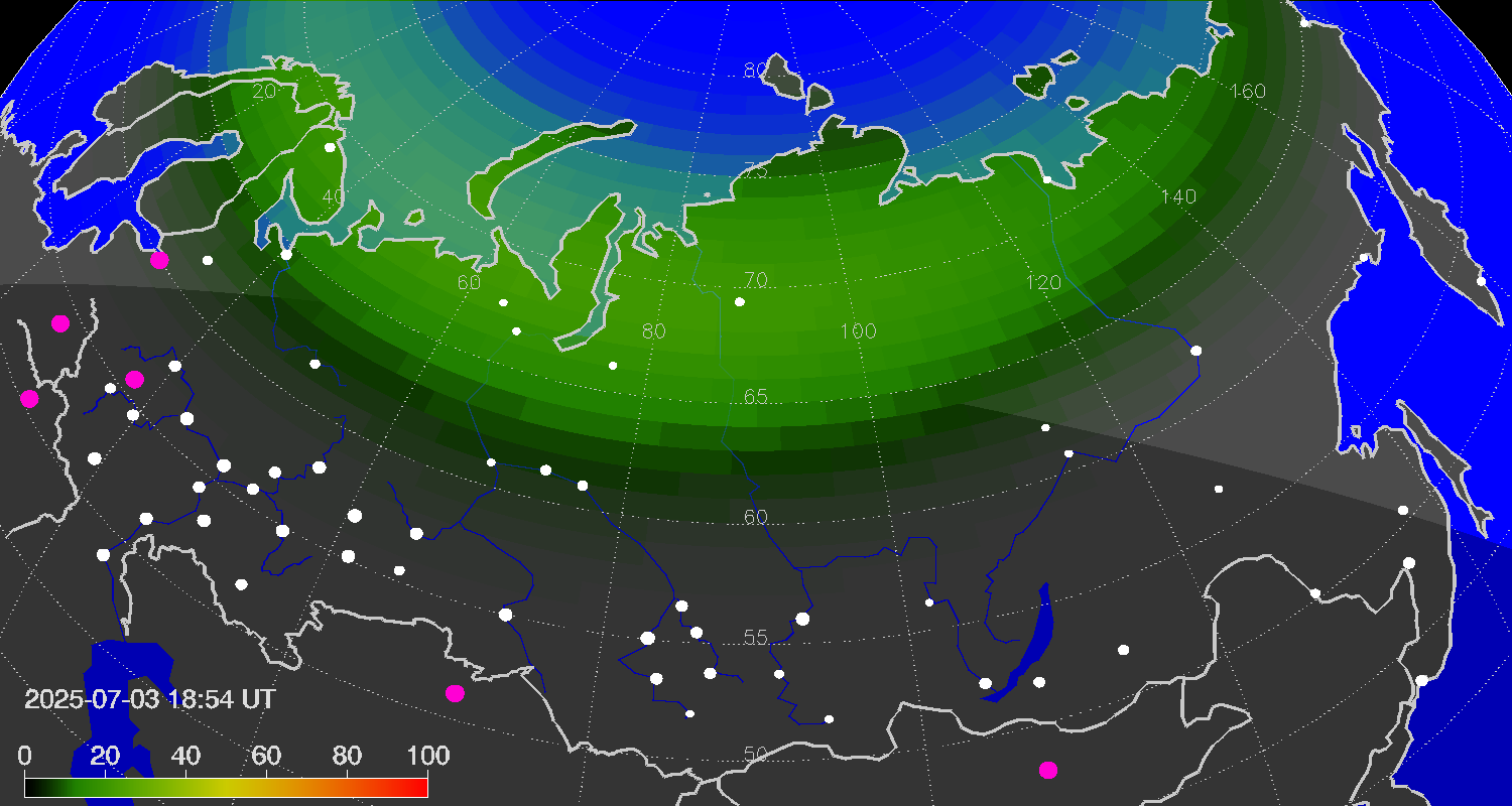 Northern lights (auroras) over Russian Federation