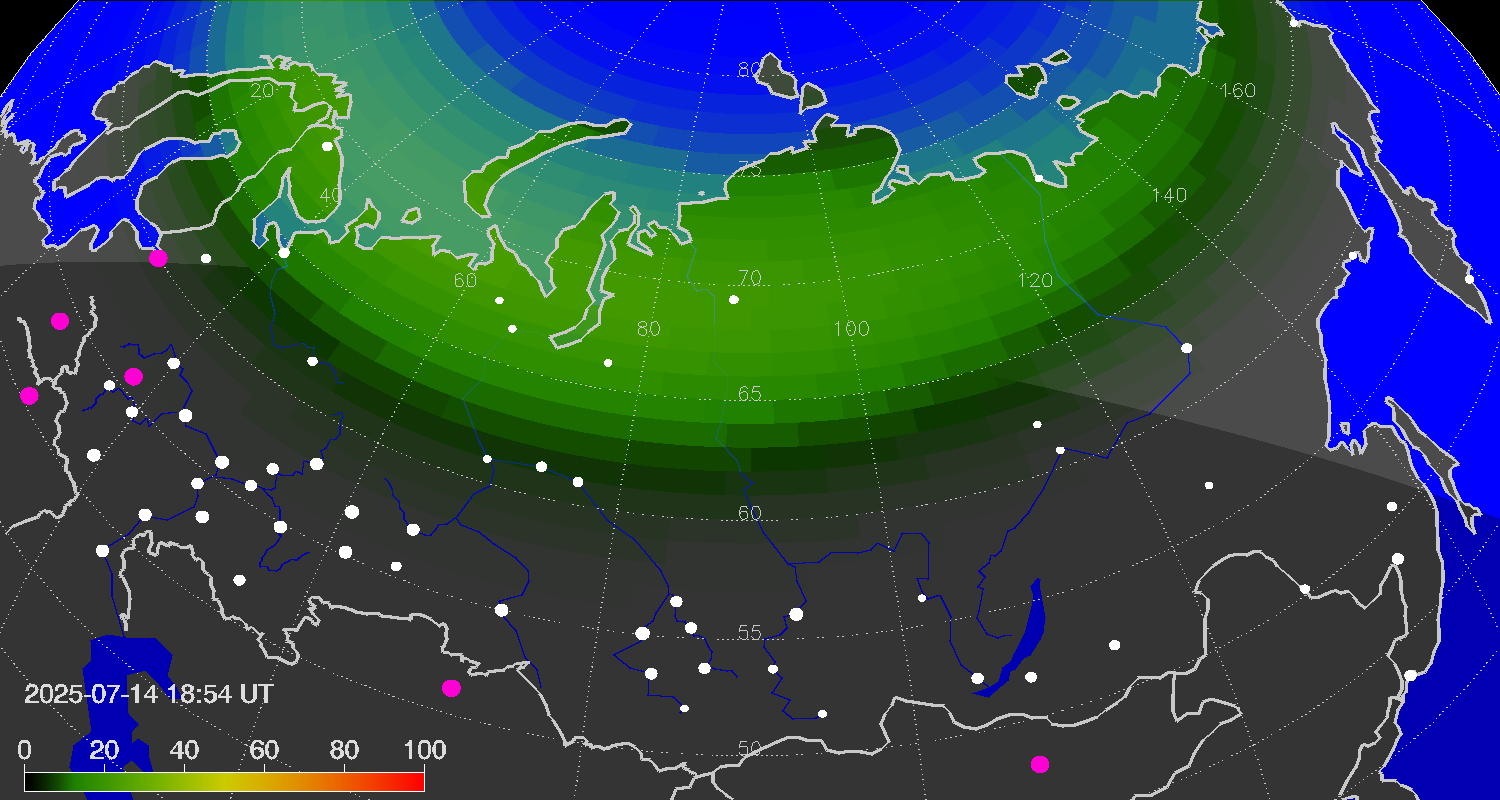 Northern lights (auroras) over Russian Federation