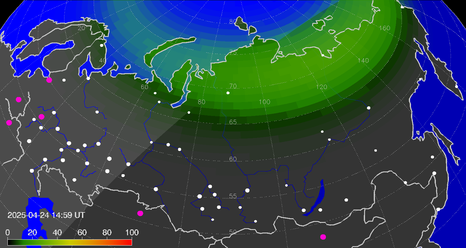 Northern lights (auroras) over Russian Federation