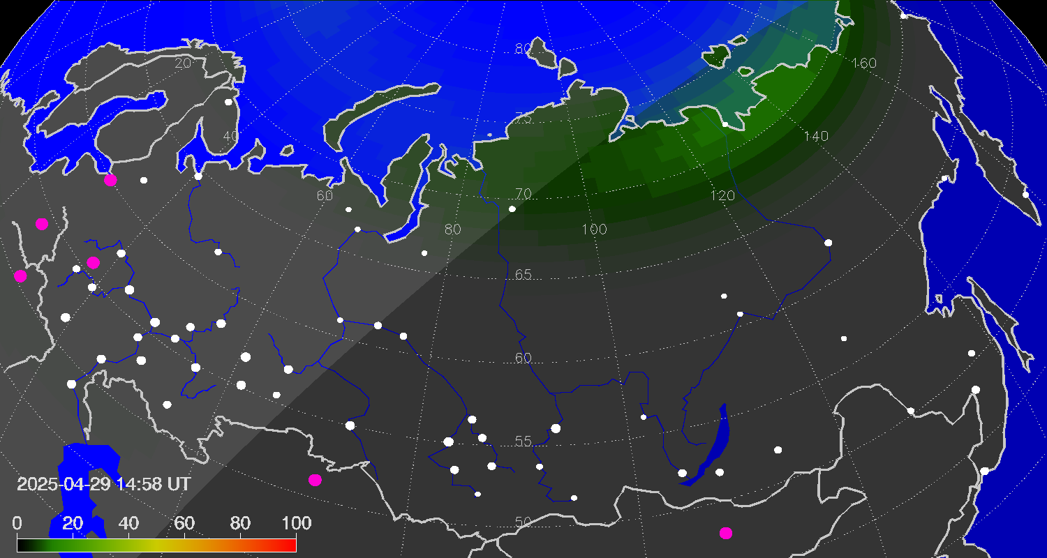 Northern lights (auroras) over Russian Federation