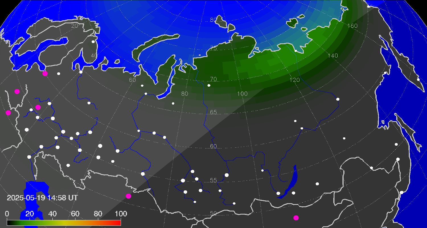 Northern lights (auroras) over Russian Federation