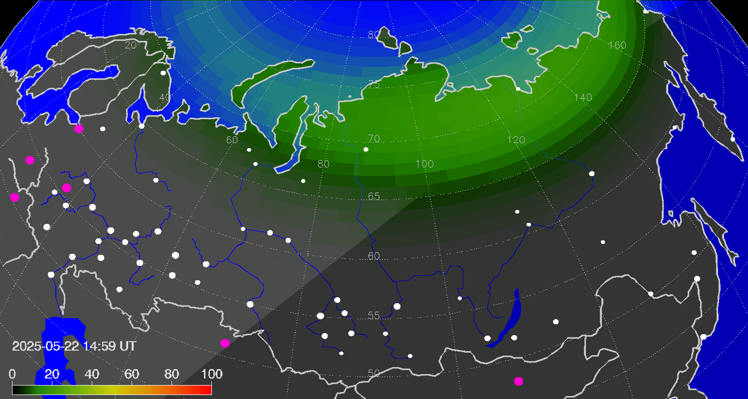 Northern lights (auroras) over Russian Federation