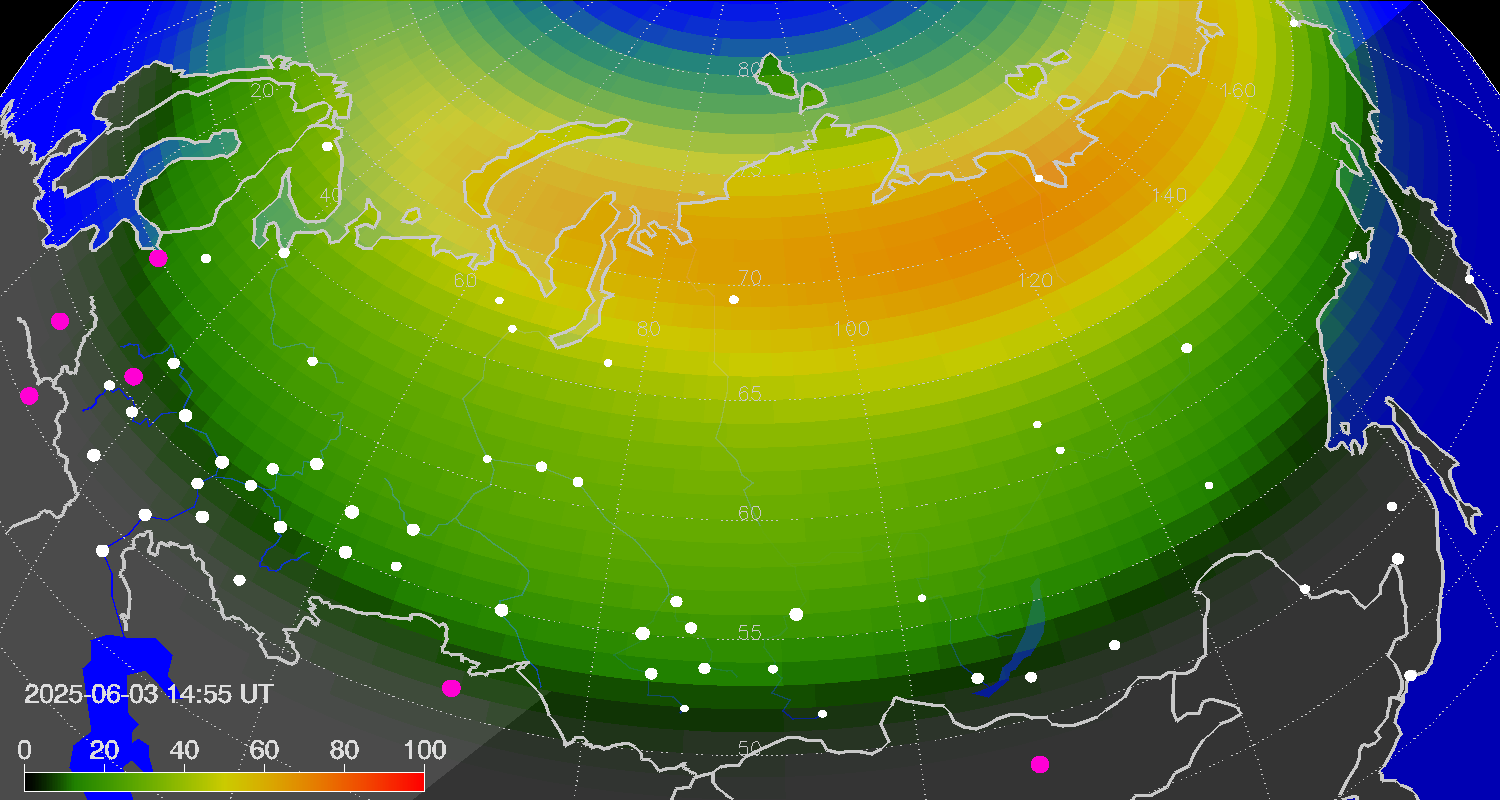 Northern lights (auroras) over Russian Federation