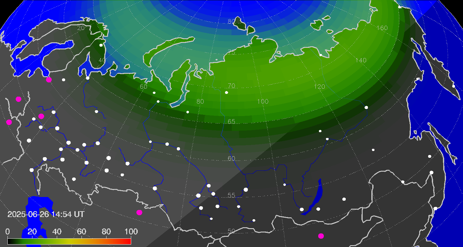 Northern lights (auroras) over Russian Federation