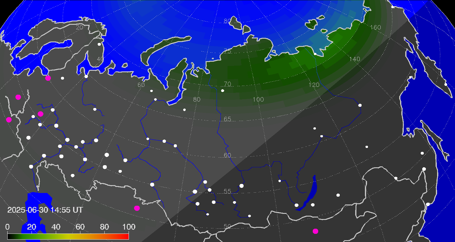Northern lights (auroras) over Russian Federation