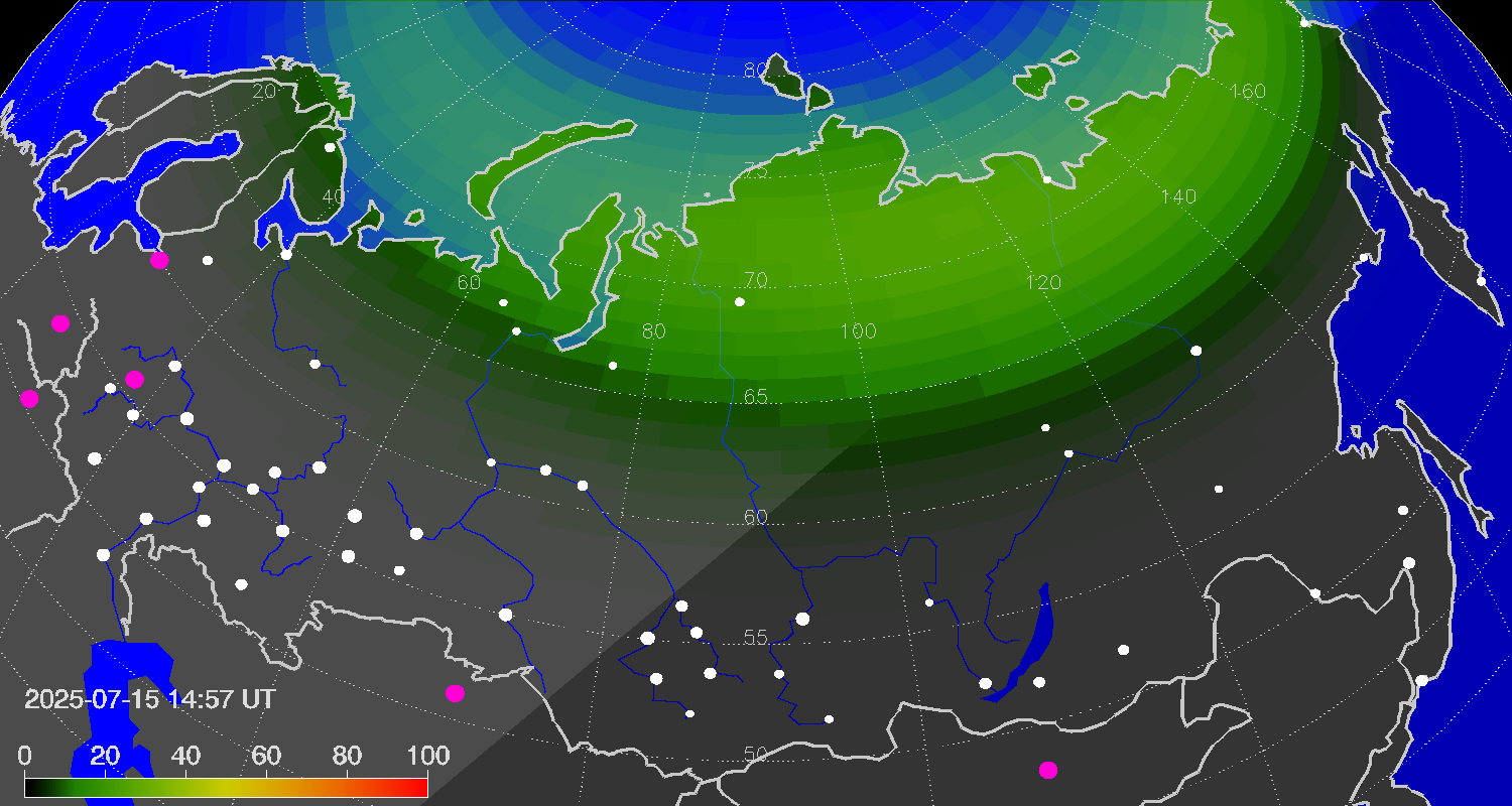 Northern lights (auroras) over Russian Federation